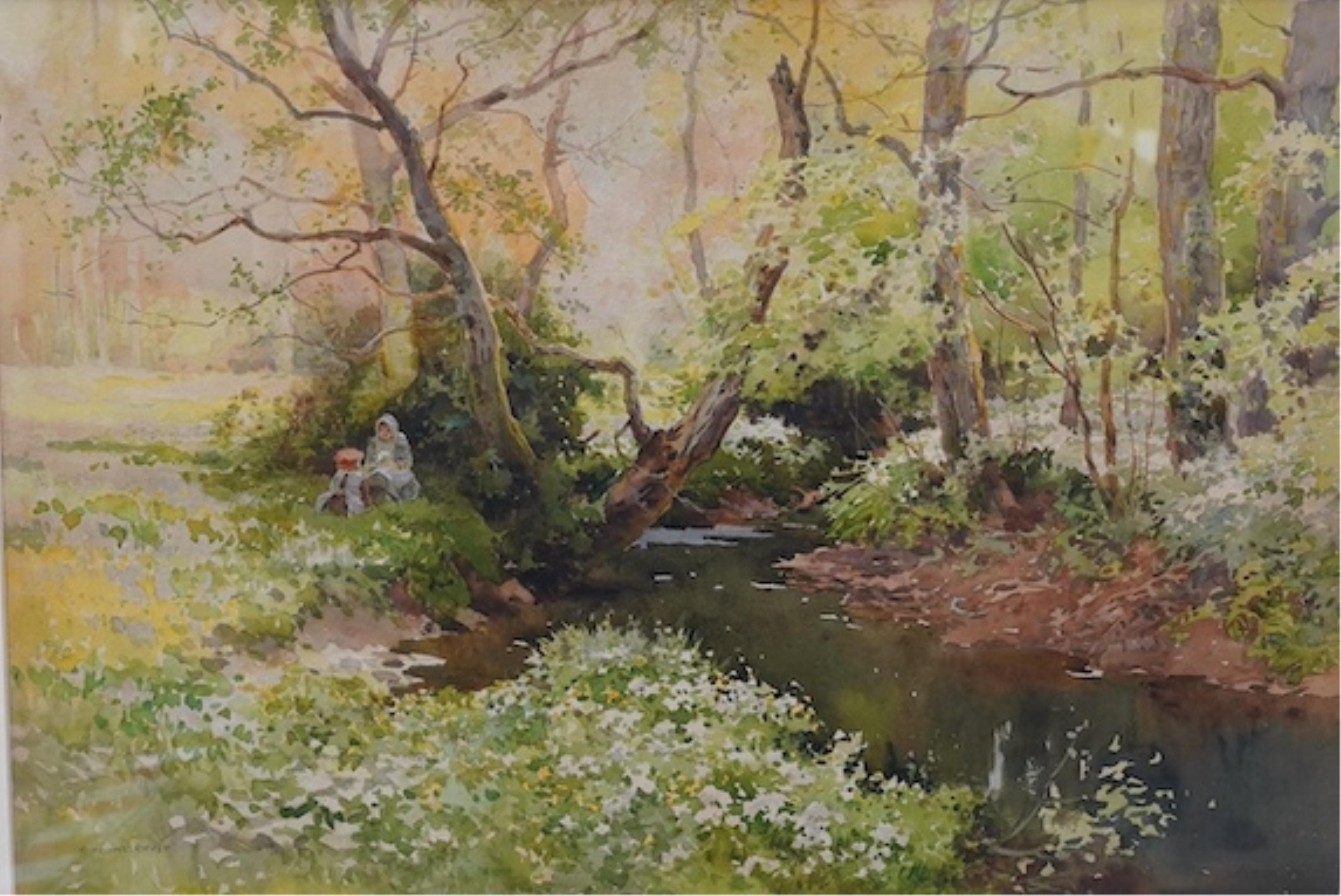 Two watercolours comprising Ernest William Haslehust (1866-1949), ‘Springtime near Fletching’ and ‘On the Weir’ and Rosa Harding, oil, Seven Sisters, each signed, 36 x 54cm. Condition - fair to good
